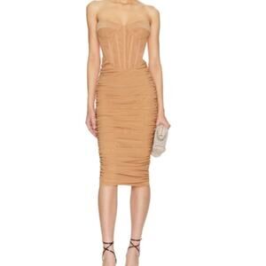 NWOT - Bardot Nude Tan Corset Ruched Midi Dress Strapless Boning — Size S